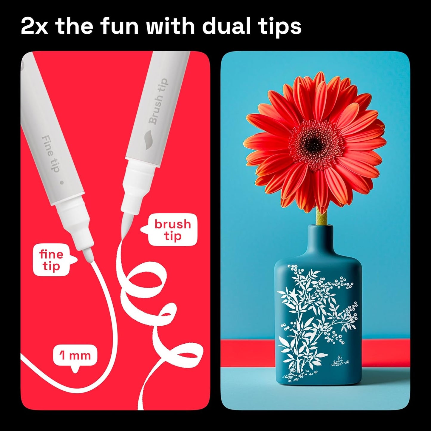 ARTISTRO 2 White Dual-Tip Acrylic Paint Pens - Multisurface Markers for Glass, Rock, Fabric, Wood, Plastic & More - 1 mm Fine & Brush Tips