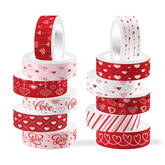 12 Rolls Love Heart Washi Tape Set, Red Stripe Checked Masking Tapes, Red Heart Decorative Tape for Journaling Supplies, Wedding Party, Junk Journal, Scrapbooking, Planner, DIY Arts Crafts 16.4FT
