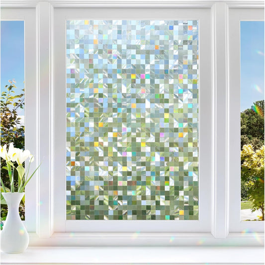 rabbitgoo Stained Glass Window Privacy Film Mosaic Pattern, Frosted Glass Window Film Rainbow Decorative Sticker, Static Cling UV Blocking Suncatcher for Home, 23.6 x 157.4 Inches