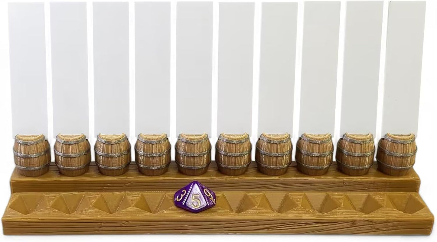Initiative Tracker with 10 Barrel Slots, Erasable Name Tags, and Dice for Tracking Order. Ideal for DND and Other TTRPGs Brown