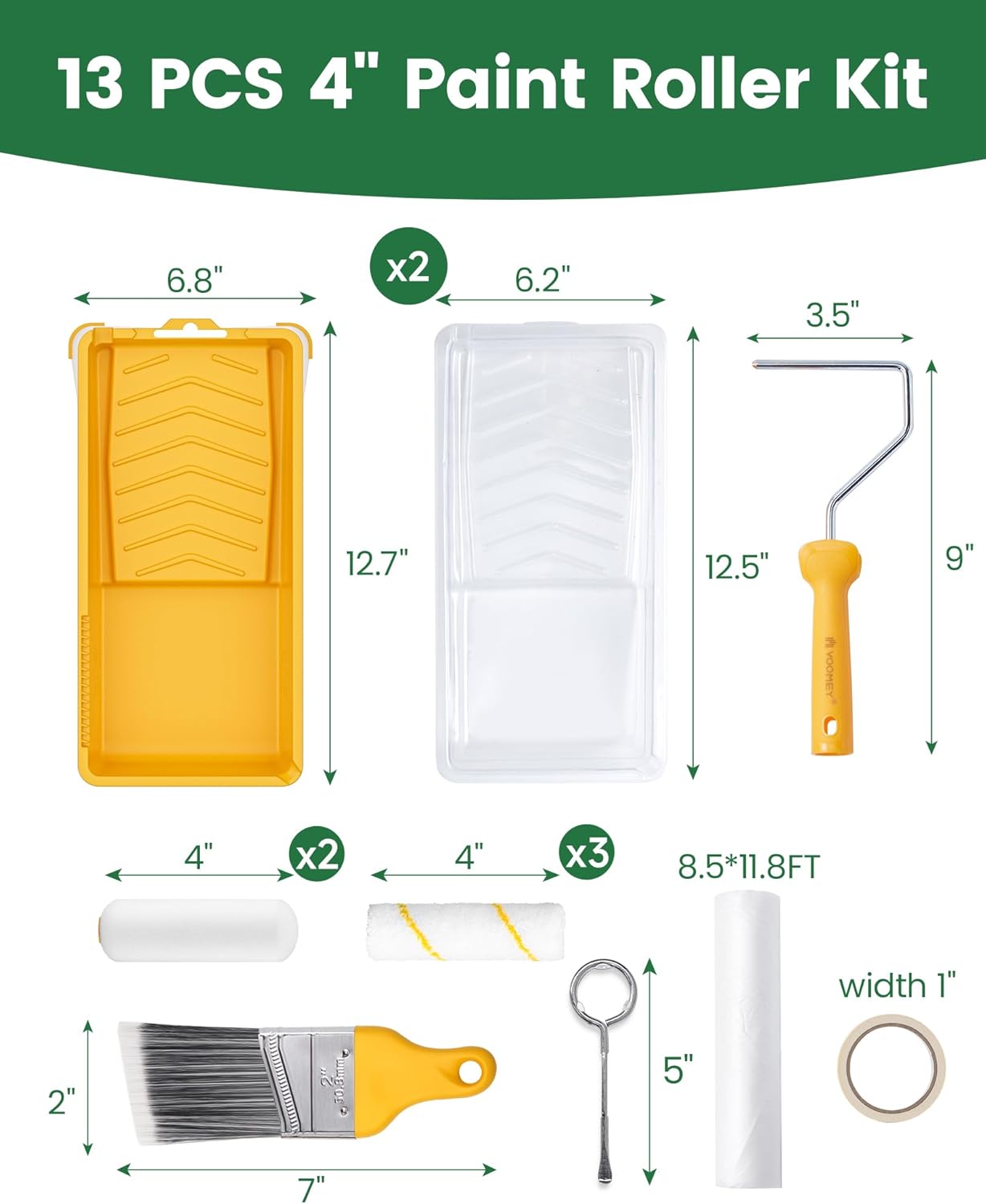 VOOMEY Paint Roller 4 inch with Small Foam Roller Paint,13-Piece Mini Paint Roller Kit, 4" Microfiber Paint Rollers, Roller Paint Brush, Paint Tray with Liners, Perfect for DIY & House Painting