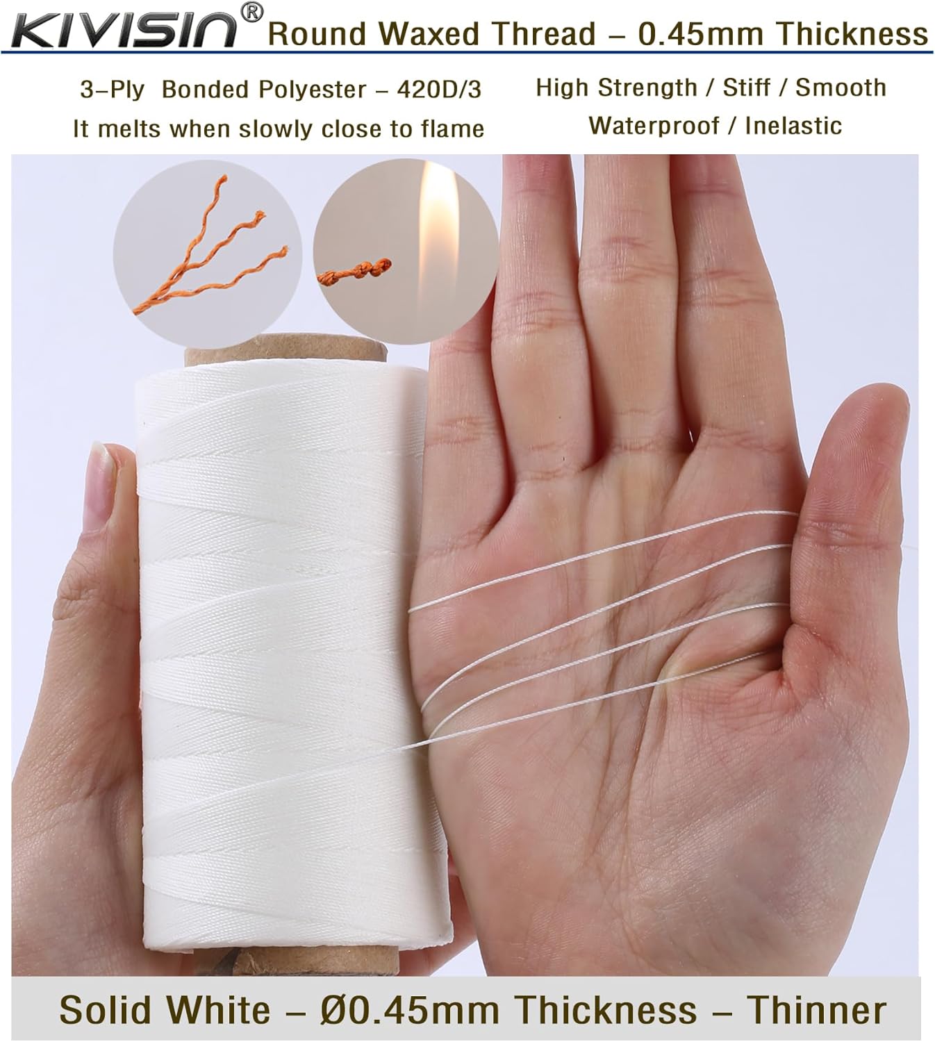 Thin Wax Polyester Thread, 0.45mm, 547 Yards, 3 Ply Round Waxed Cord Strings for Sewing, Beading, Binding, Micro Braiding, Fine Leather Craft and Micro Macrame Jewelry - White