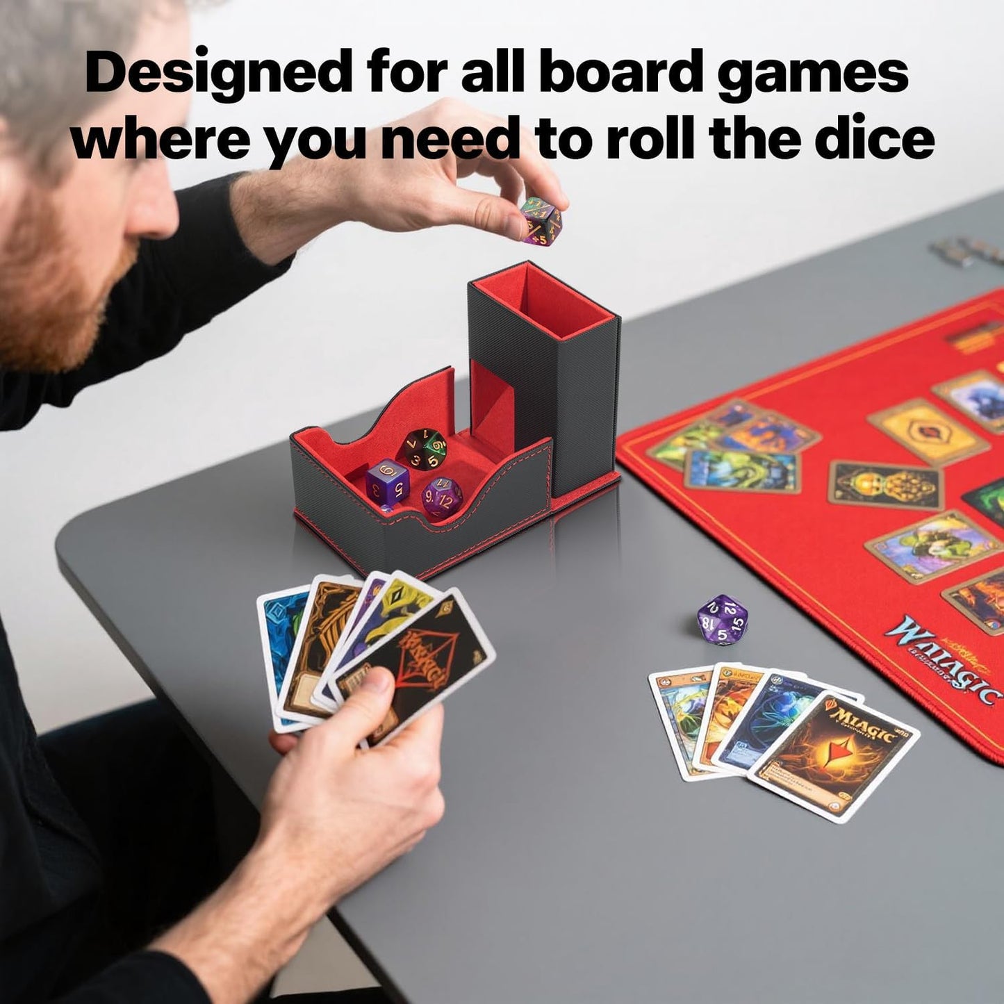 Dice Tower and Tray, Portable Commander Deck Box, Foldable Dice Storage Box for Dungeons and Dragons Rolling Tray Black/Red