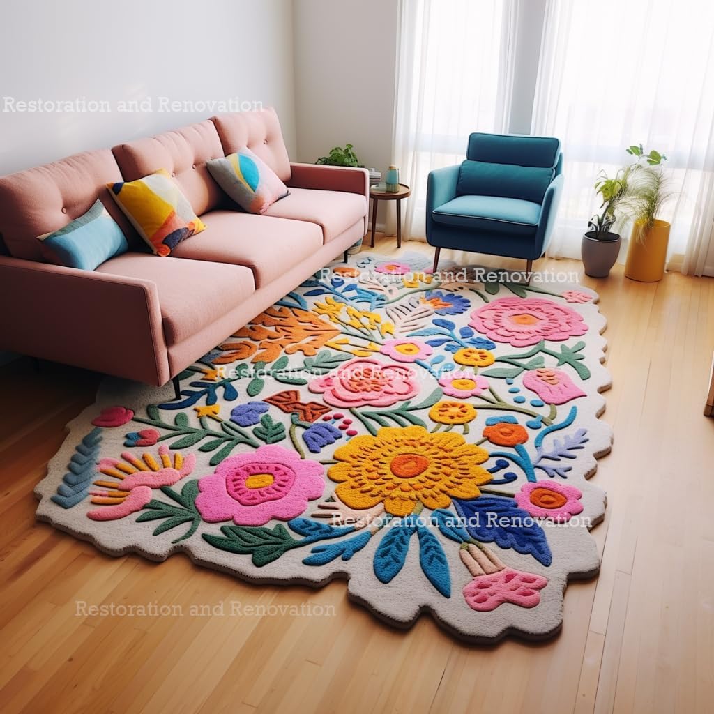 Handmade Wool Floral Area Rug for Living Room | Elegant Flower Garden Design, Soft, Thick and Durable | Bedroom, Dining Room & Home Decor Carpet (6' x 9', Floral H)