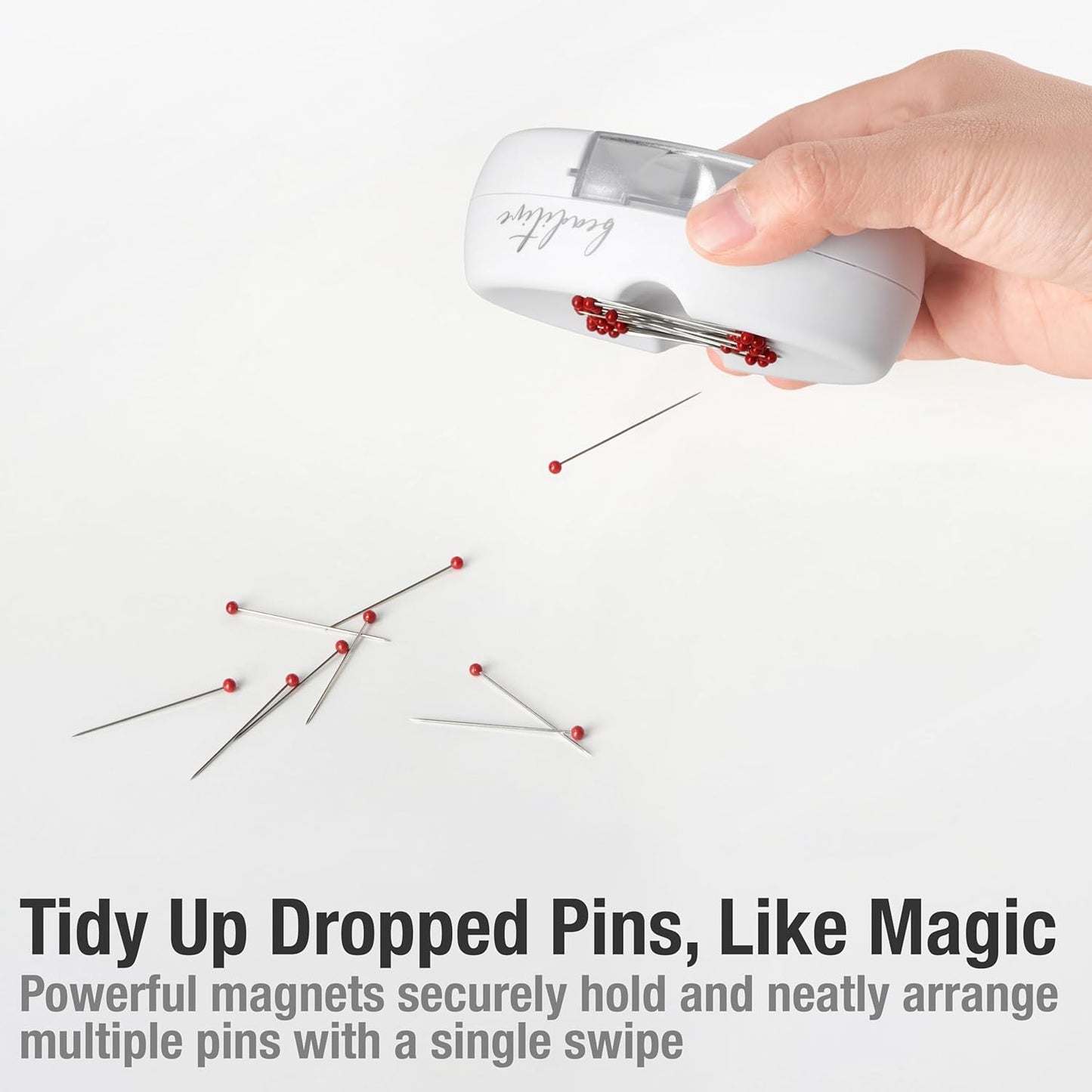 Beaditive Magnetic Pin Cushion with Drawer - Strong Magnet Pin Holder Cushions for Sewing - 50 Glass Head Quilting Pins Included - Chic Pincushion Caddy for Sewing Pins, Paper Clips, Screws – White