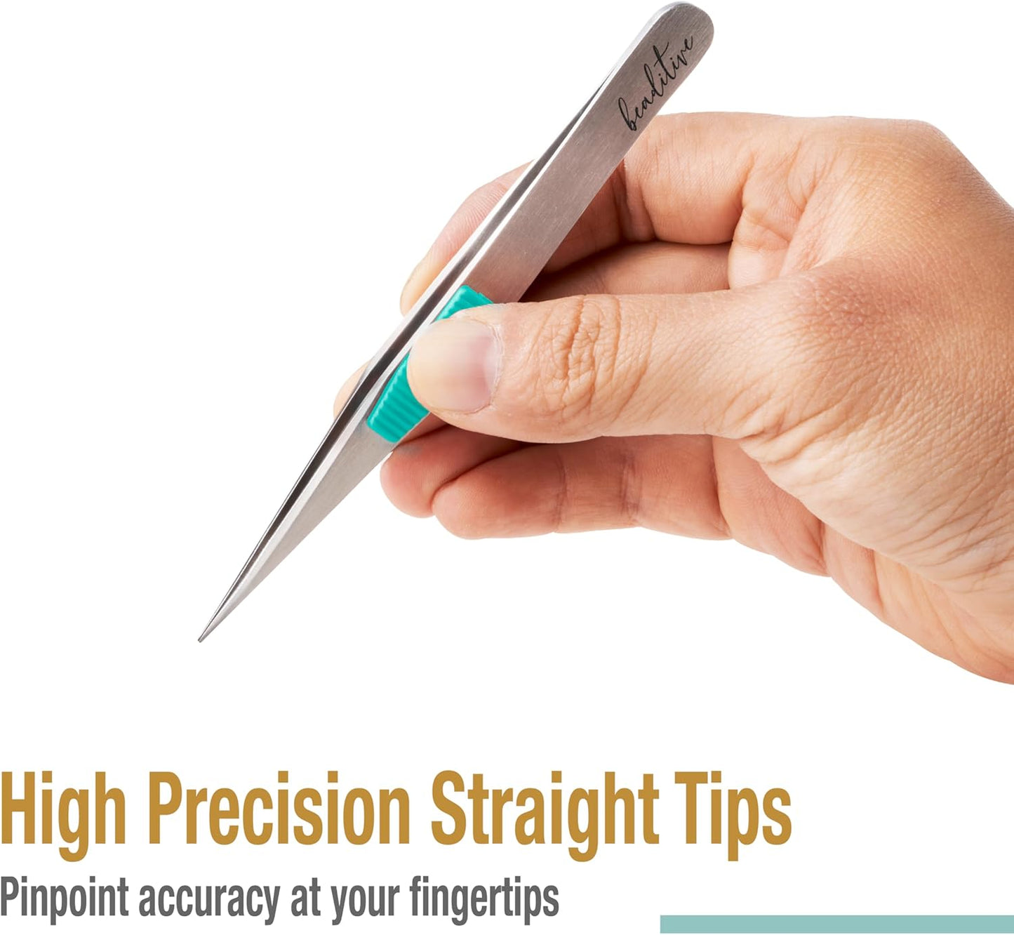 Beaditive High Precision Heavy-Duty Tweezers With Cushion - 4.7" Craft Tweezers for Sewing, Beading & DIY Crafts - Non-Serrated, Fine Point Tips - Stainless Steel Needle Nose Hobby Tweezers (Teal)