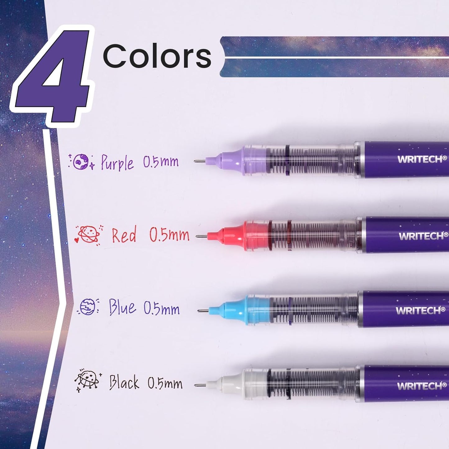 WRITECH Liquid Ink Rollerball Pens: 0.5mm Assorted Color Ink Fine Point Tip Rolling Roller Ball Pen Multicolor No Bleed & Smudge for Journaling Smooth Writing Drawing 4ct