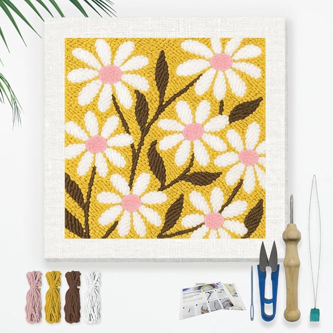 Doodlream Daisy Flowers DIY Punch Needle Embroidery Kit for Adult Beginner, 9.4" Floral Punch Stitching Craft Set for Starter with Frame, Fabric Pattern, Threader, Yarn, Pinch Needle