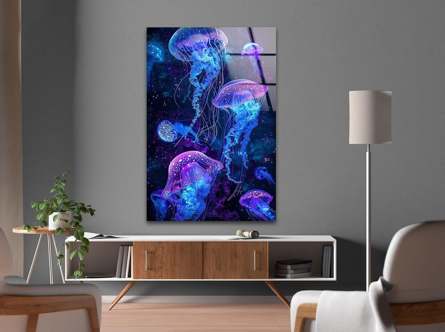 My Photostation.com Round 24'' Glowing Jellyfish Glass Wall Art Tempered Glass Printing Wall Decor Large Wall Art Wall Hangings