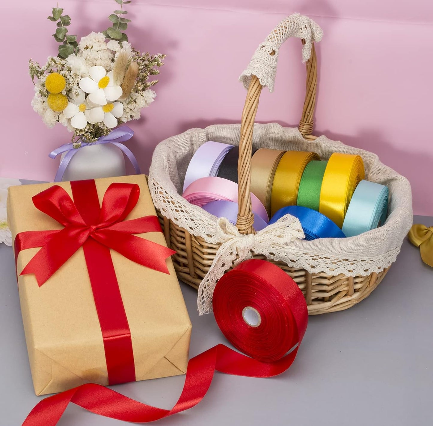 1 Inch Red Solid Satin Ribbon, 50 Yards Craft Fabric Ribbon for Gift Wrapping Floral Bouquets Wedding Party Decoration