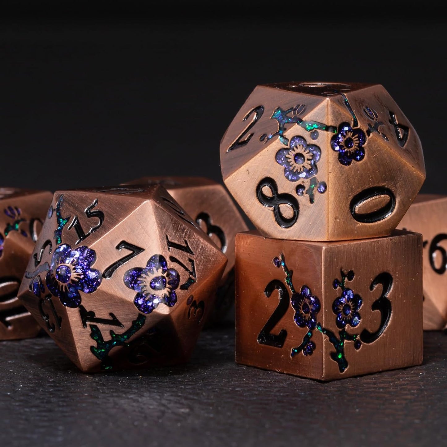 Metal DND Dice Set, Dungeons and Dragons Metallic Flower Dice with Gift Case, Polyhedral Dice Sets for Tabletop Games (Antique Red Copper - Purple)