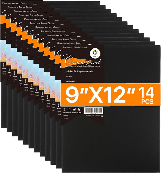 CONDA Black Canvases for Painting 9x12 inch, Pack of 14, 100% Cotton Acid-Free, 8 oz Gesso-Primed, Canvas Panels, Art Boards for Oil & Acrylic Painting