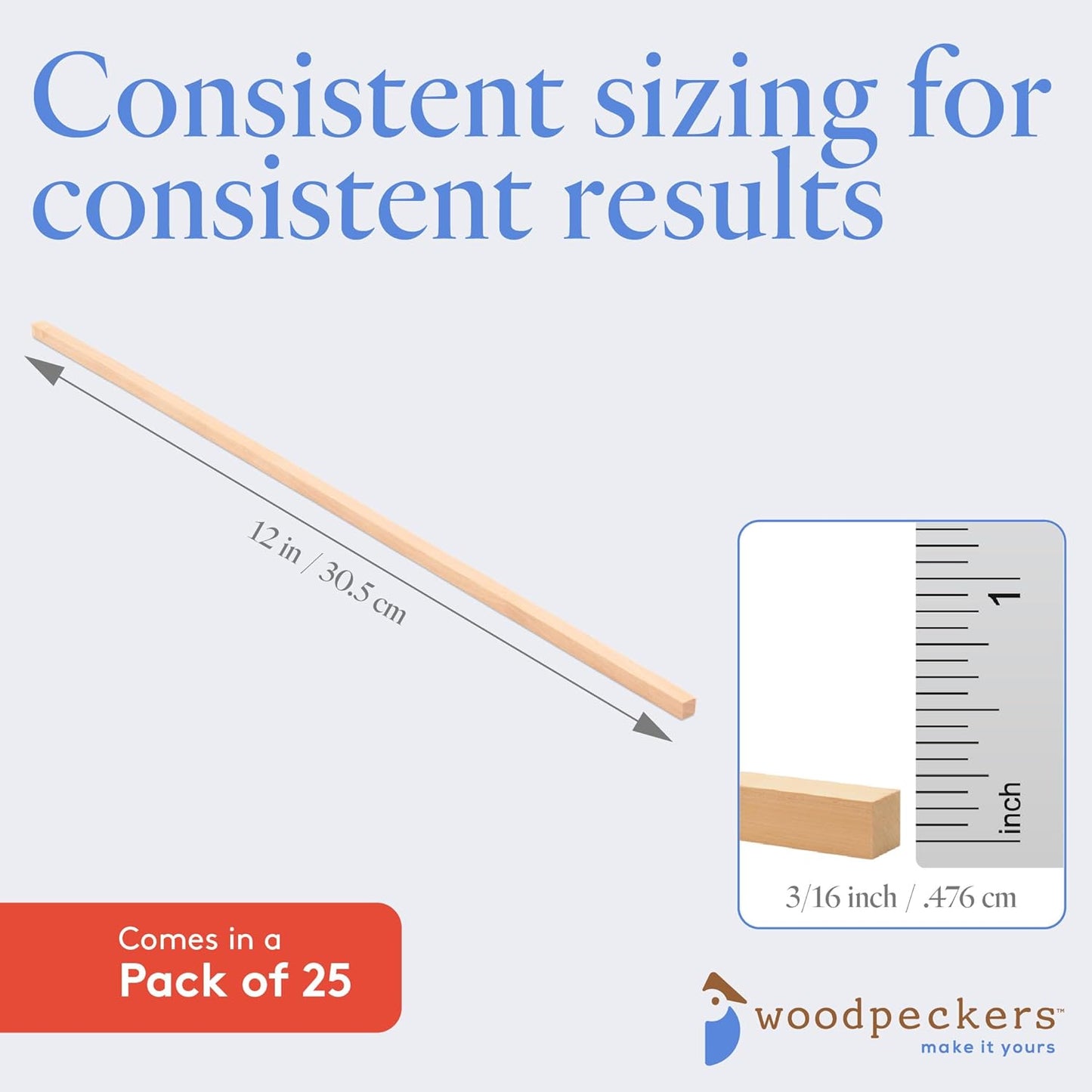 DIY Wooden Square Dowel Rod 3/16-inch x 12 Pack of 25 Hobby Wood Sticks for Crafts, Wood Trim & Architecture Model Making, by Woodpeckers