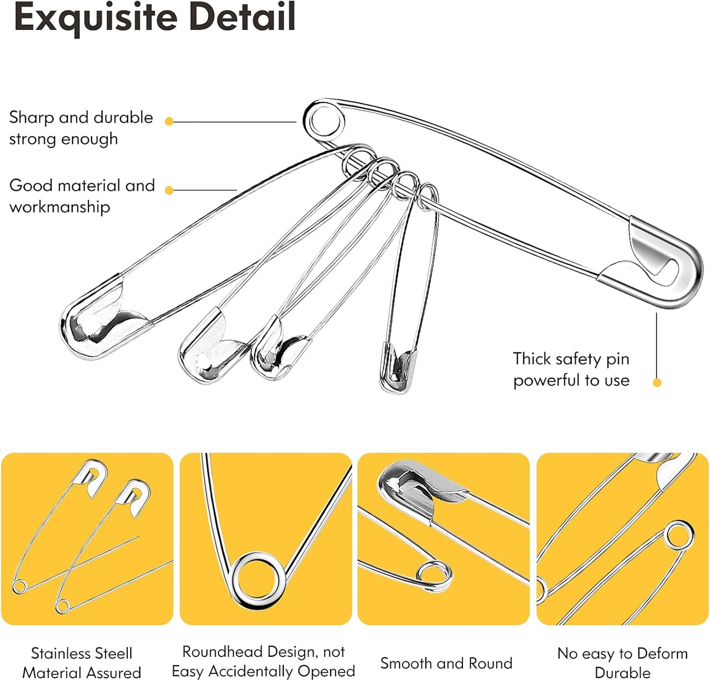 Huhuhero 340 Pack Safety Pins Assorted, Small & Large Heavy Duty Safety Pins for Clothes Costume Sewing, 5 Different Sizes Nickel Plated Steel Pin Bulk, Crafts Art Supplies, Silver