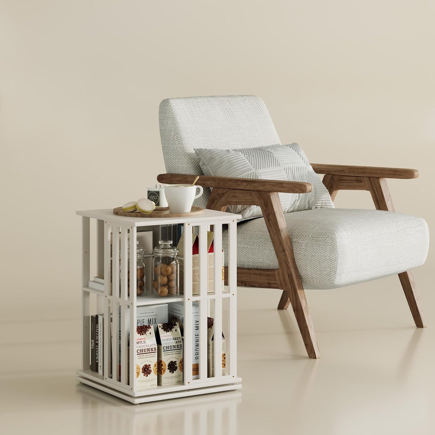 YOWOS Rotating Bookshelf Tower, 360 Display Spinning Bookcase, Bamboo Bookshelf Floor Standing Storage Rack, Wood Narrow Book Shelf Organizer for Kids&Adults (White, 2 Tier)