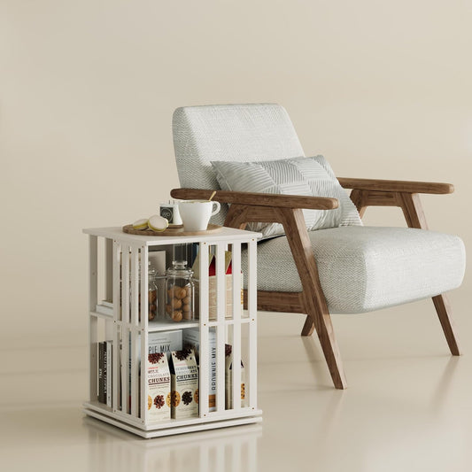 YOWOS Rotating Bookshelf Tower, 360 Display Spinning Bookcase, Bamboo Bookshelf Floor Standing Storage Rack, Wood Narrow Book Shelf Organizer for Kids&Adults (White, 2 Tier)