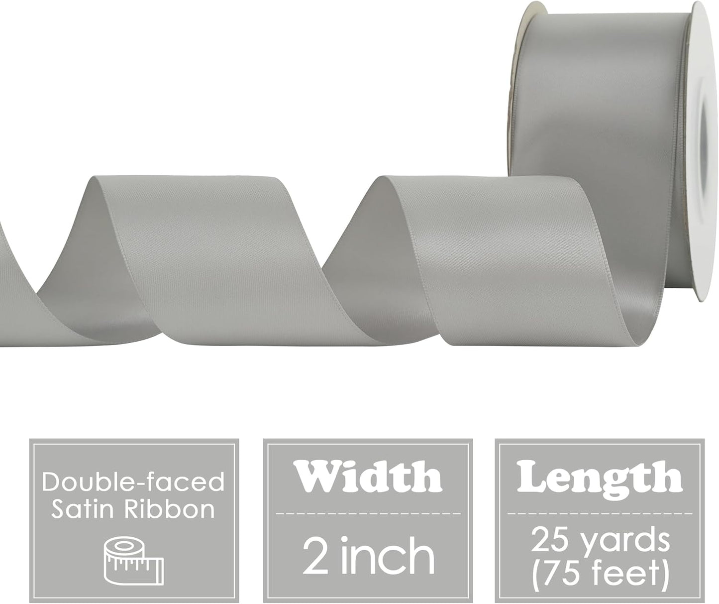 HUIHUANG Silver Satin Ribbon 2 inch Wide Double Faced Satin Ribbon Silver for Gift Wrapping, Bows Making, Flower Bouquet, DIY Crafts, Wedding, Holiday Party Decor - 25 Yards/Roll