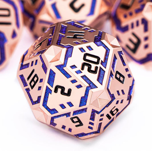 Metal DND Sci-fi Dice Set 7PCS Stripe Polyhedral Dice for Dungeons Dragons RPG Role Playing Game, Glitter D and D Dice with Gift Box D6 D8 D10 D12 D20 (Copper Blue)