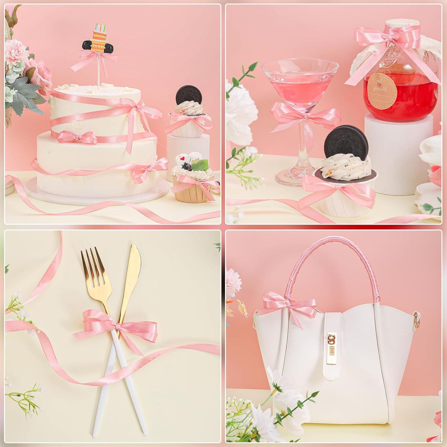 120 Yards Pink Ribbon 3/8 Inch Craft Thin Satin Ribbons for Cake Bows Lei Hair Scrapbook Gift Wrapping Wedding Party Card Christmas Decorations