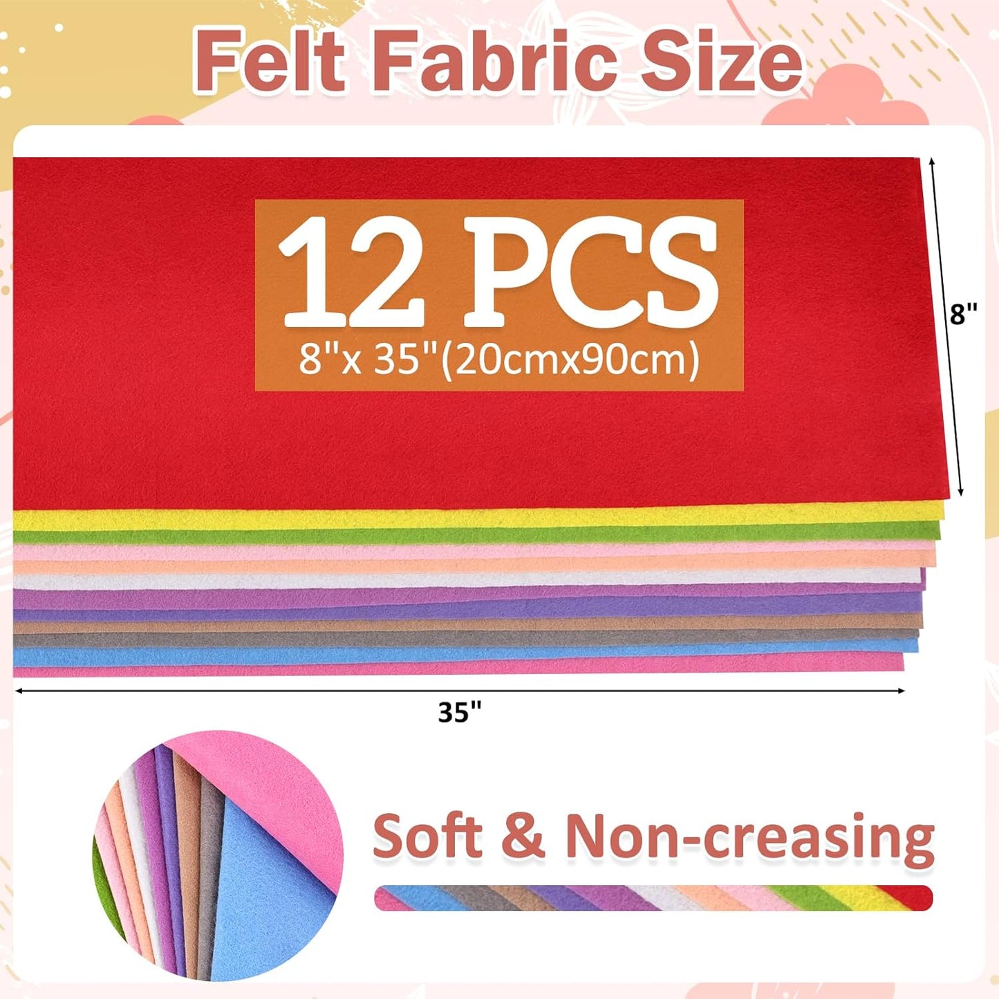 12 Rolls 8"x35"(20.5x90cm) 1.4mm Thick Soft Felt Fabric Sheet 12 Assorted Rainbow Series Colors Felt Pack Pastel Felt Sheets for DIY Craft Sewing Squares Nonwoven Patchwork