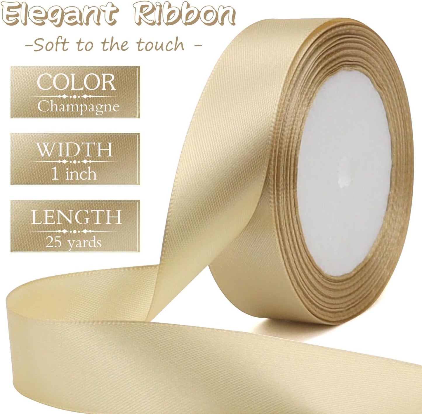Champagne Solid Satin Ribbon 1 Inch 25 Yards Solid Polyester Fabric Ribbon for Gift Wrapping Wedding Christmas Baby Shower Birthday Party Decoration Handmade Immortal Flower Craft