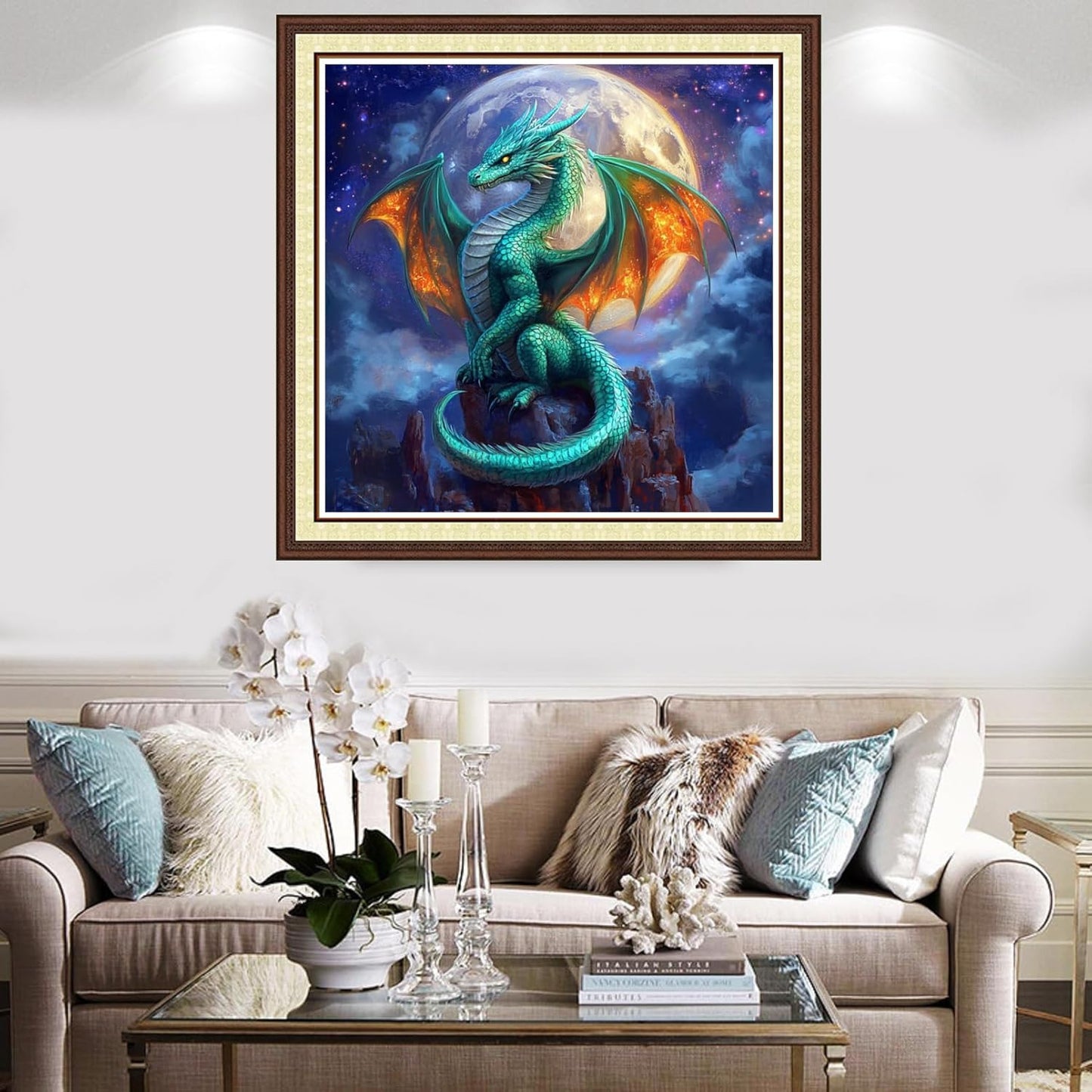 Findvoor Counted Cross Stitch Kits for Adults Full Range of Cross Stitching Embroidery Unprinted Pattern for Beginners, 11CT Needlepoint Kit Patterns Embroidery Kits-Moon Blue Winged Dragon 18x18 inch