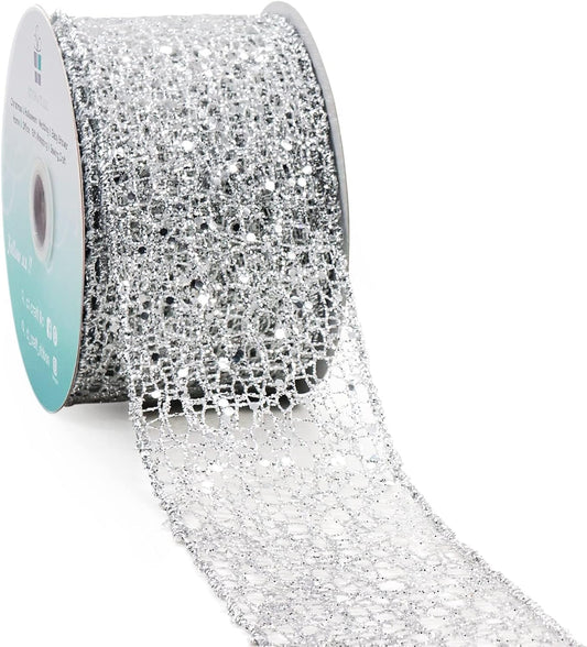 CT CRAFT LLC Sparkling Glitter Mesh Wired Ribbon 2.5" x 10 Yards Silver for Christmas Home Decor Bow Gift Wrapping DIY Crafts Wreath