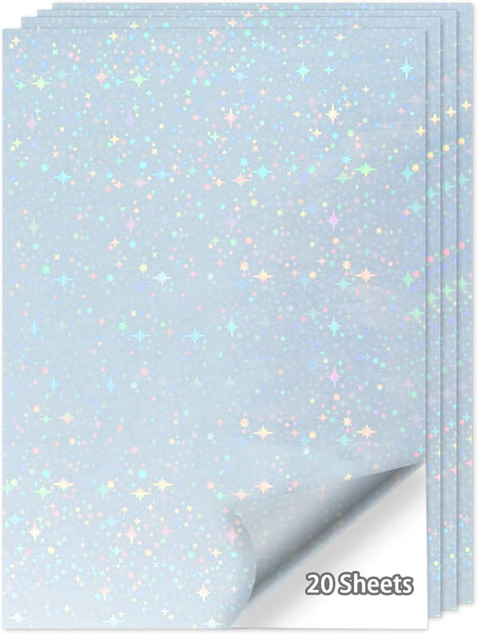 20 Sheets Printable Holographic Sticker Paper,11 x 8.5 Inches Printable Waterproof Paper Rainbow Vinyl Sticker Paper for Inkjet or Laser Printer（Laser starry sky）