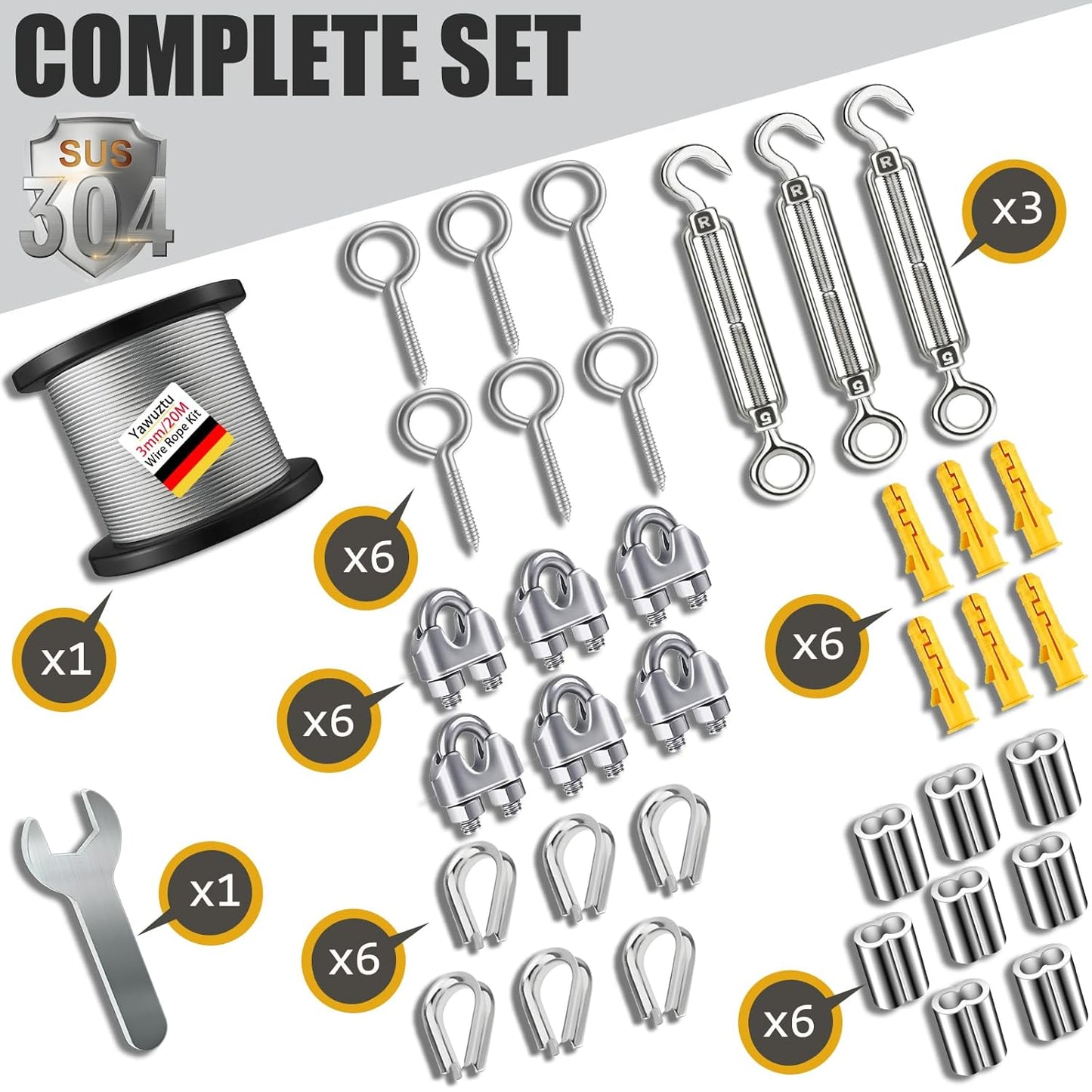 1/8 Inch Heavy-Duty Stainless Steel Cable 65FT Wire Rope with M5 Turnbuckle - 304 Stainless Steel, 1700LB Break Strength for Outdoor Sun Shade, Garden Climbing,Deck Railing (1/8" 65FT Wire Rope Kit)