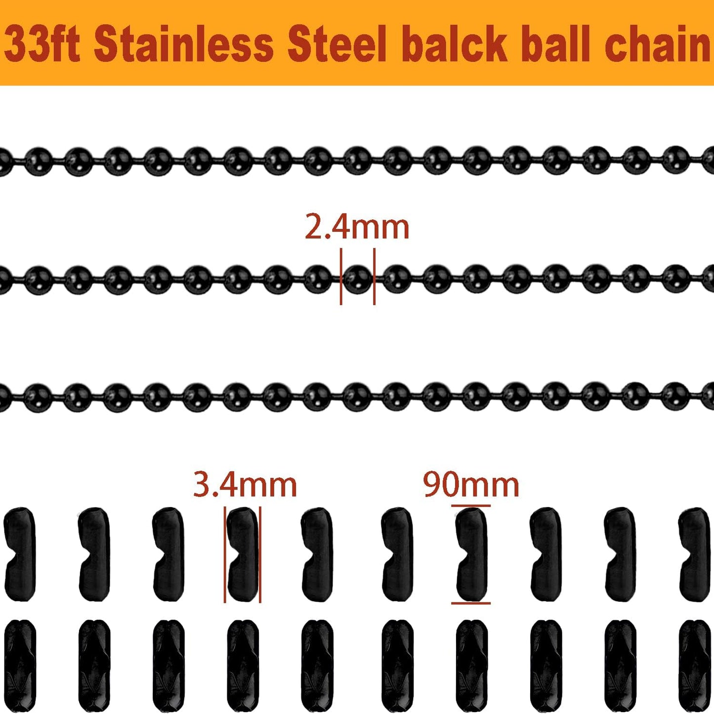 Jishi Steel Ball Chain Bead Dog Tag Chain Beaded Necklace Chains for Jewelry Making Bracelet Military Crafts, Silver Metal Pull Chain Small Ball Bead Chain Roll w/20 Connectors (Black, 33ft 2.4mm)