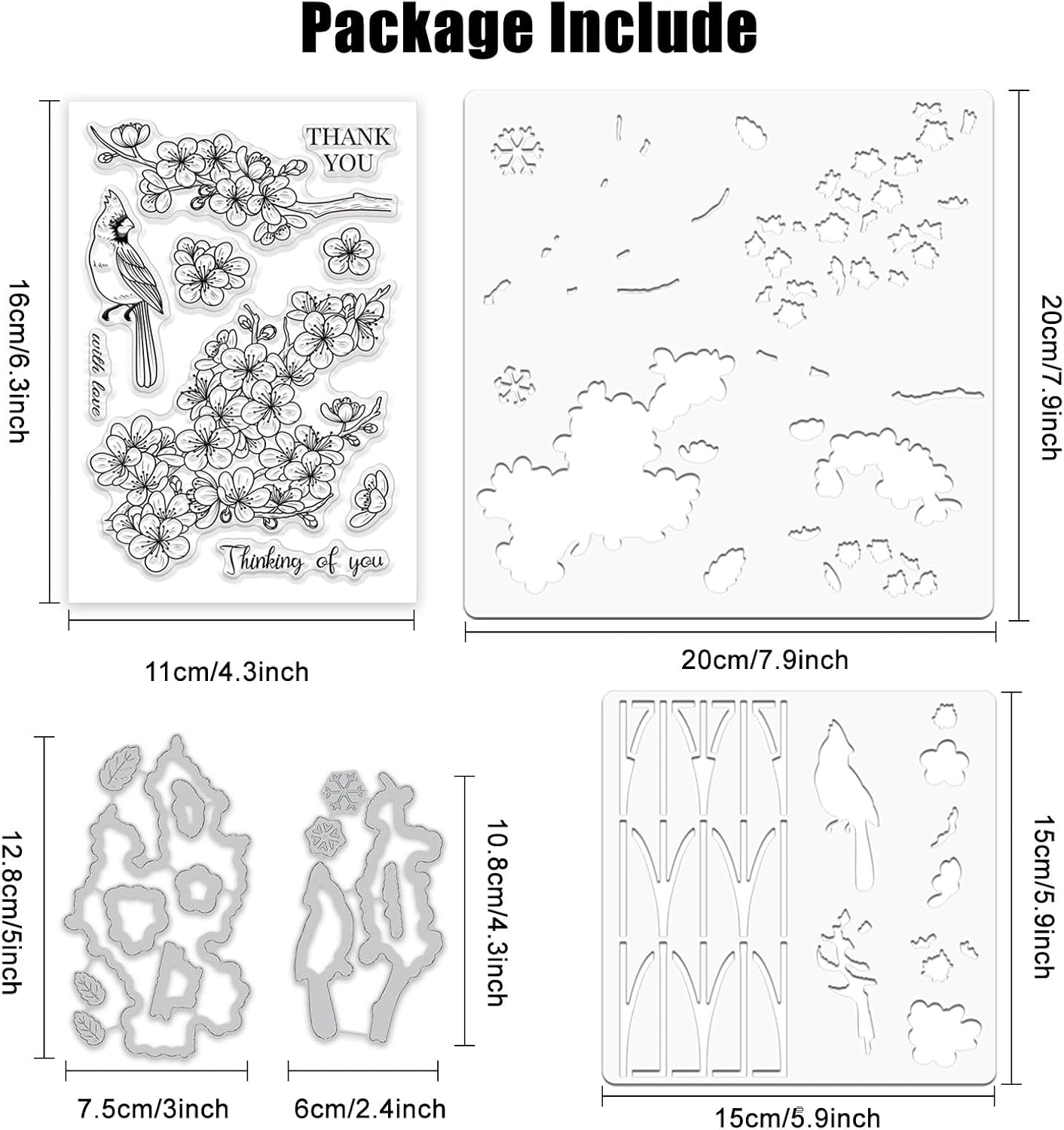 ORIGACH Realistic Winter Plum Blossom Stamps and Dies and Layering Coloring Stencil Set, Silicone Stamps Metal Die Cut and Flower Stencil Template for Card Making Scrapbooking DIY Crafting