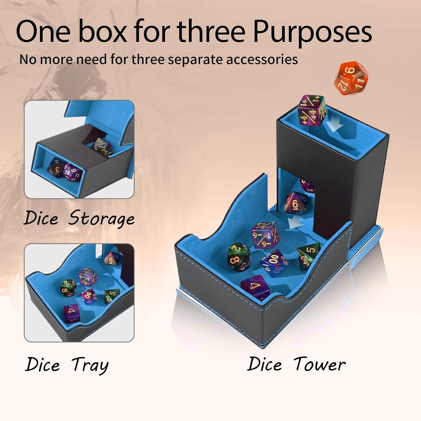Dice Tower and Tray, Portable Commander Deck Box, Foldable Dice Storage Box for Dungeons and Dragons Rolling Tray Black/Blue