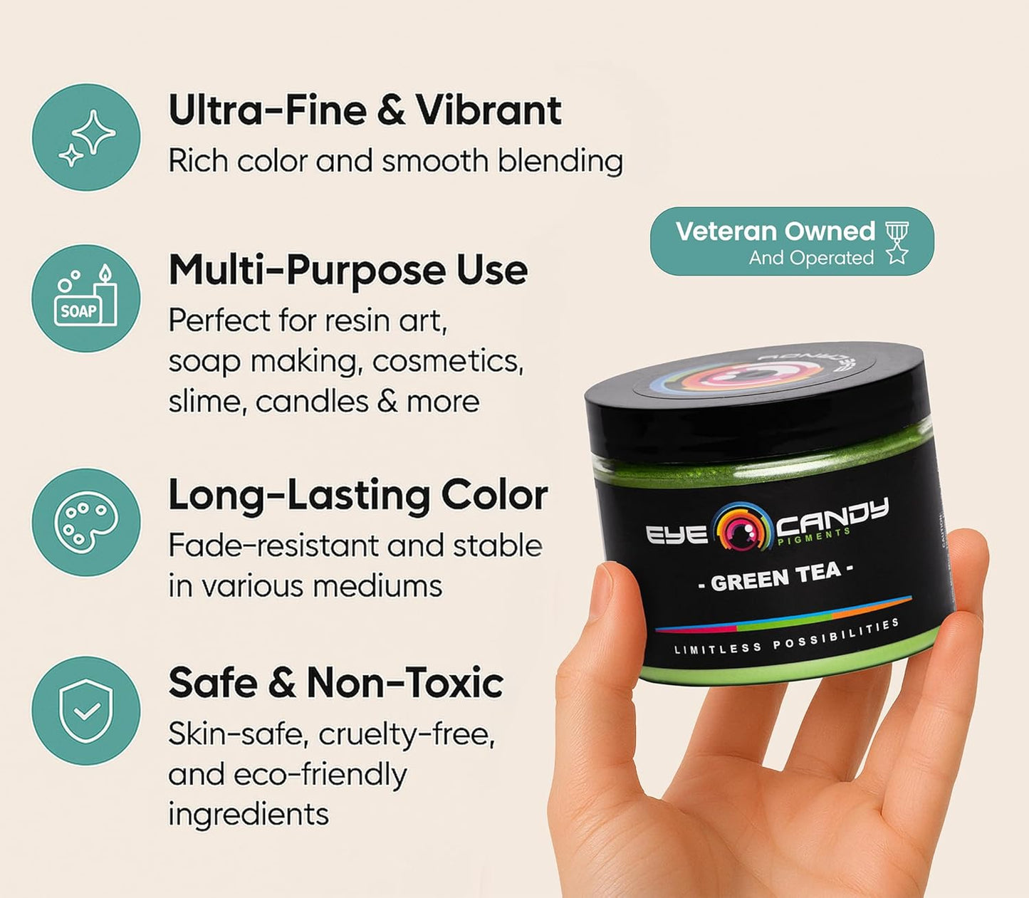 Eye Candy Pigments Premium Green Mica Powder - Green Tea (50gr) - for Epoxy, Resin, Soap, Paint, Woodworking, Acrylic Pouring, Bath Bombs, Fishing Lures - DIY Arts and Crafts Additive