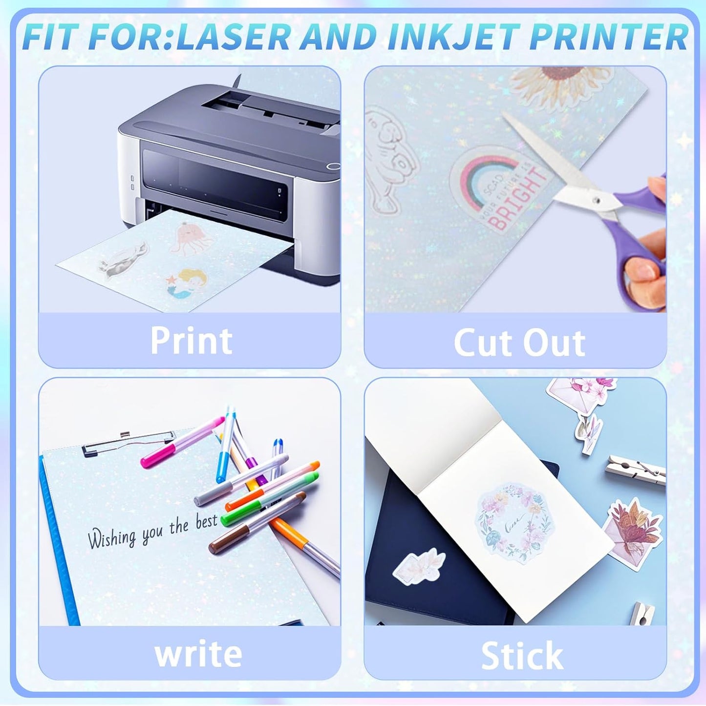 20 Sheets Printable Holographic Sticker Paper,11 x 8.5 Inches Printable Waterproof Paper Rainbow Vinyl Sticker Paper for Inkjet or Laser Printer（Laser starry sky）