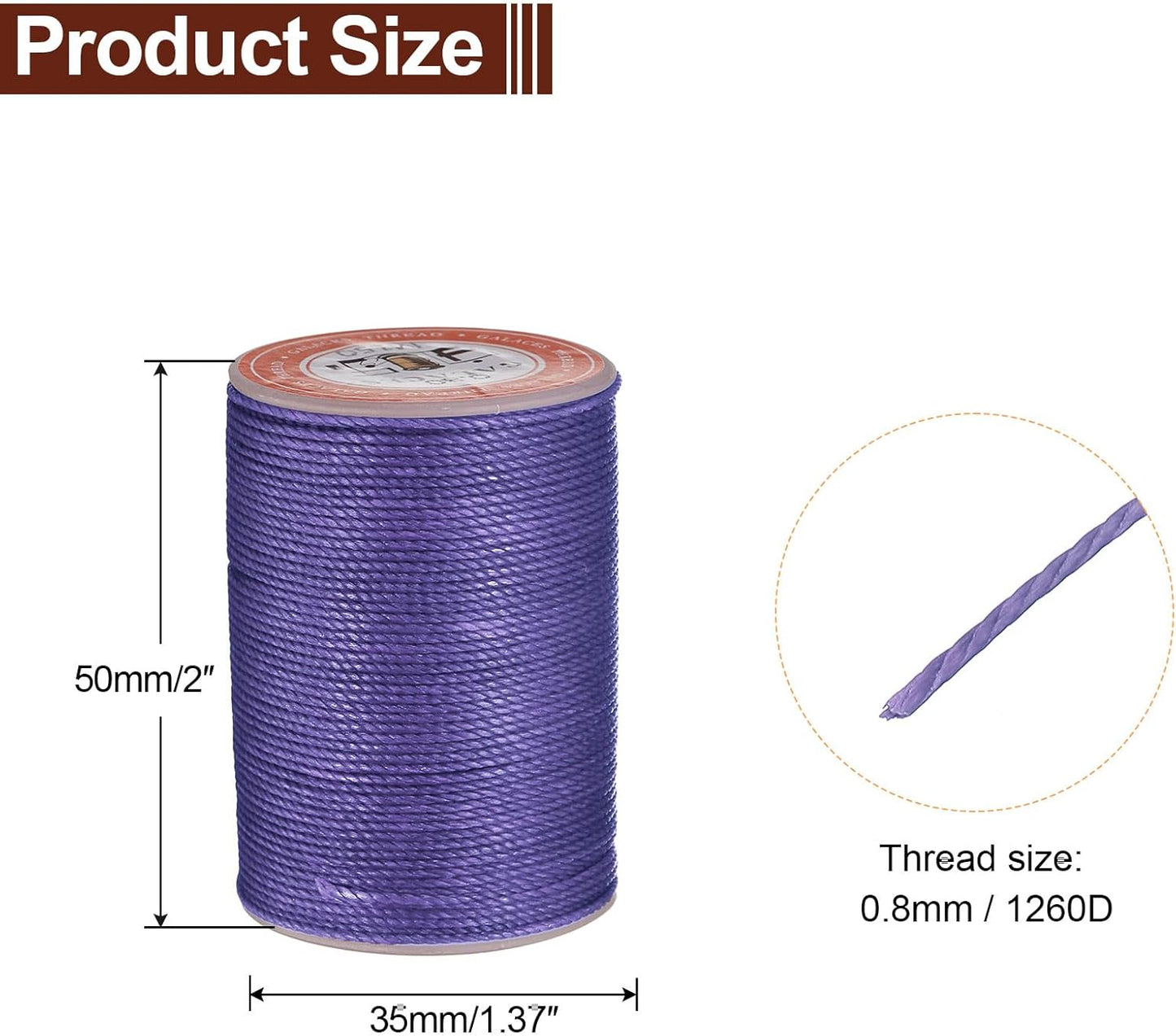 uxcell Round Leather Sewing Waxed Thread, 55m / 60 Yards Wax Polyester String, 0.8mm Waxed Stitching Cord for Leather Crafts, Bookbinding, Bracelets Braided, Purple