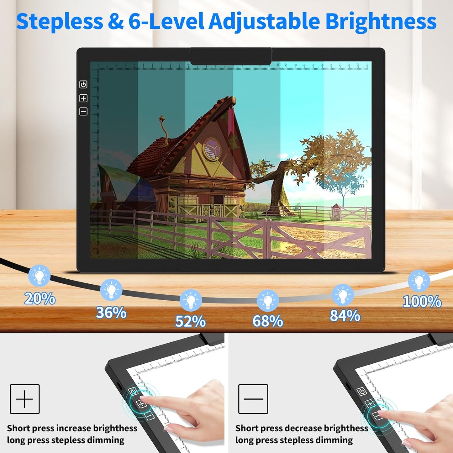 HIUKCOLED Rechargeable A4 Light Pad, Battery Powered Light Board with Top Clip＆Stand, Stepless Dimmable＆6-Level Brightness Adjustable, Wireless LED Tracing Box for Diamond Painting,Drawing,Sketching