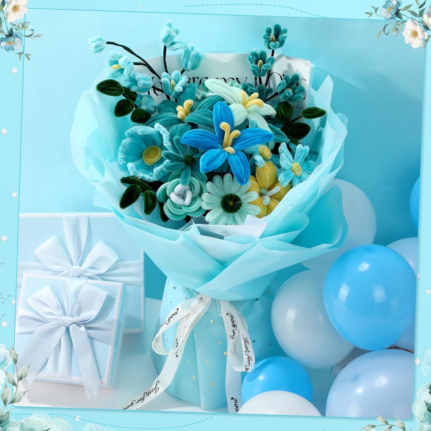 DaisyInner 700 Pcs Halloween Fall Pipe Cleaners Craft Bulk Pastel Chenille Stems Flower DIY Gradient Colored Fluffy for School Classroom Thanksgiving Christmas Party Supplies(Blue Style)