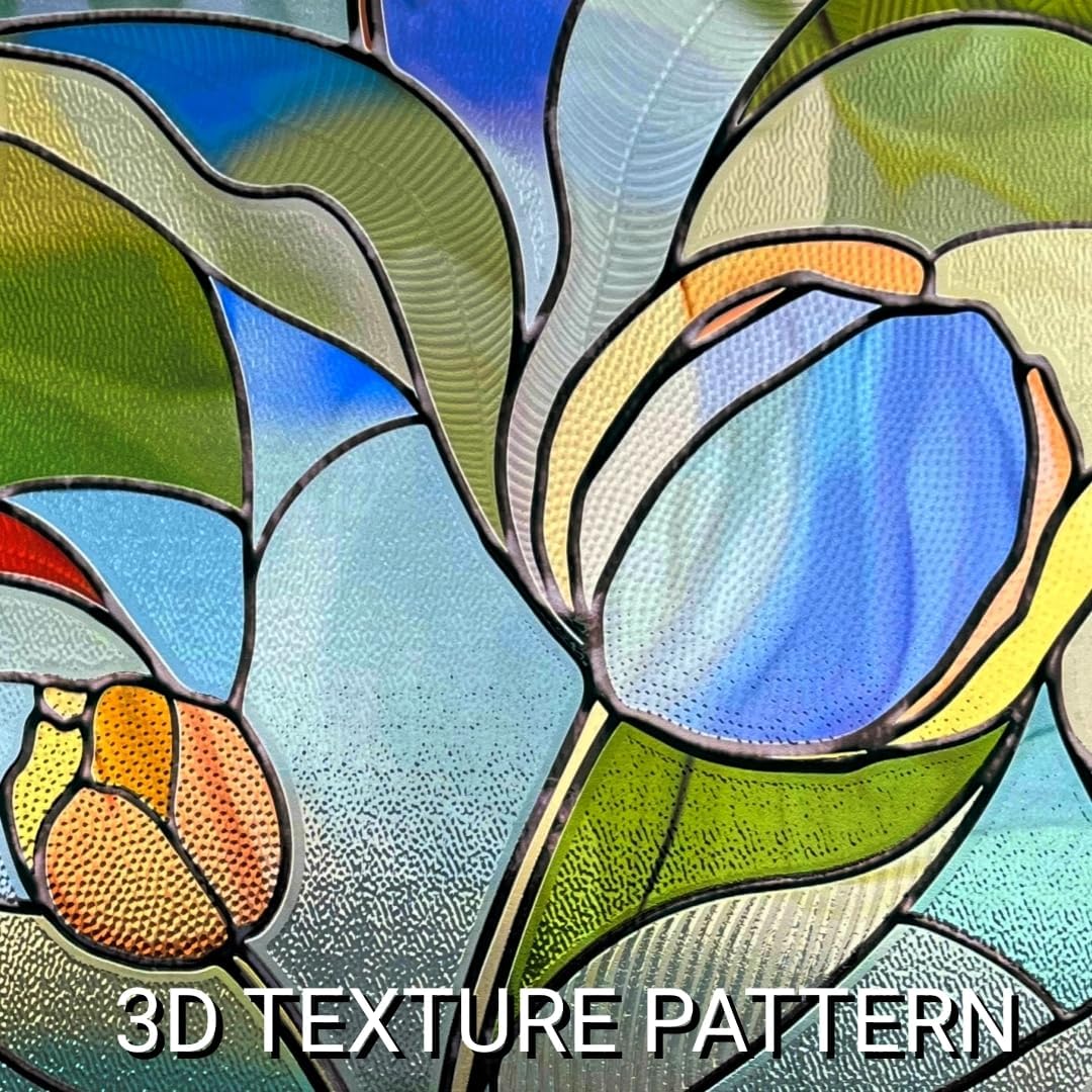 3D Stained Glass Window Film, Decorative Window Privacy Film for Bathroom,Front Door,Home, Sun Blocking Heat Control,Static Cling, Moonlight Tulip, 23.6inch x 35.4inch