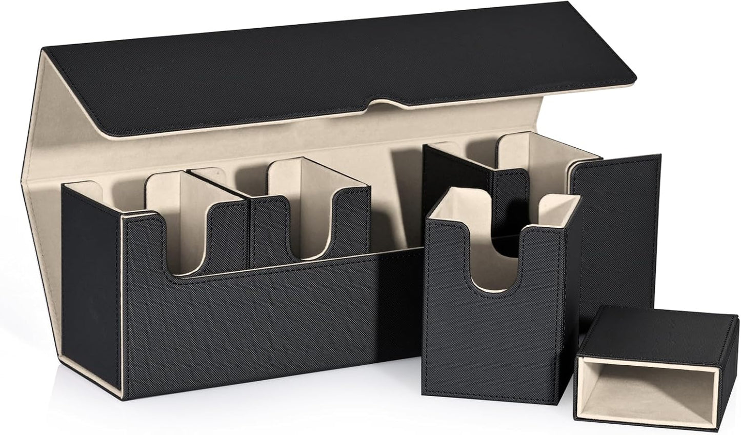 Card Deck Box with Dice Tray for MTG, 5 in 1 Deck Case Holds 800+ Unsleeved Cards, Strong Magnet Card Organizer Compatible with Yugioh TCG Sport (Black Gold)