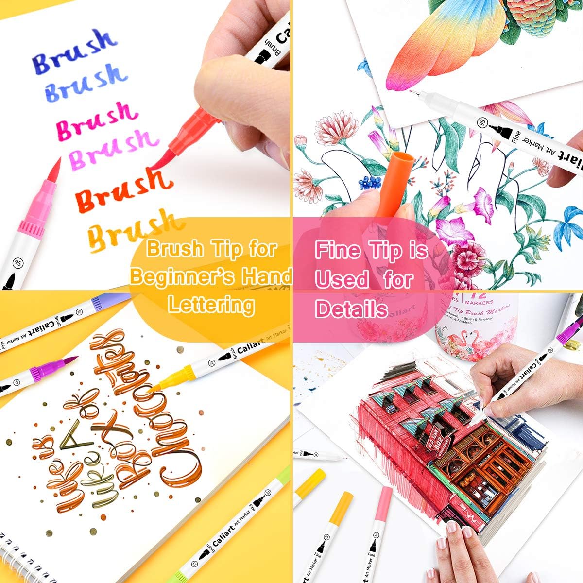 Caliart 72 Colors Double Tip Brush Pens Art Markers, Artist Fine & Brush Pen Coloring Markers for Adult Book Cards Drawing Craft Kit Teacher Office Supplies