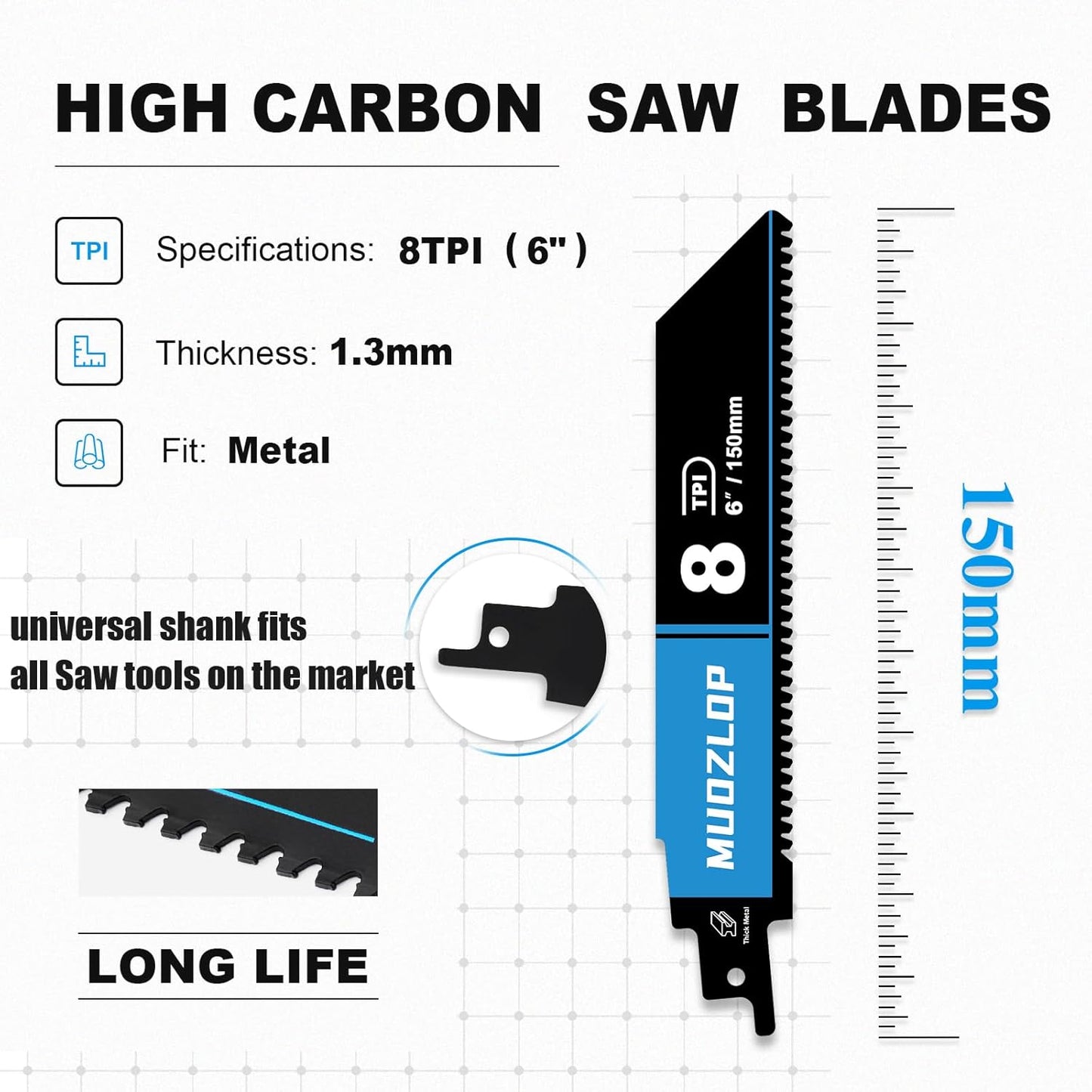 1 Pack 6 inch Reciprocating Saw Blades Set，8 TPI High Carbon Saw Blades for Wood with Nails ，Saw Blades with Organizer Case (1, 8T/6inch)
