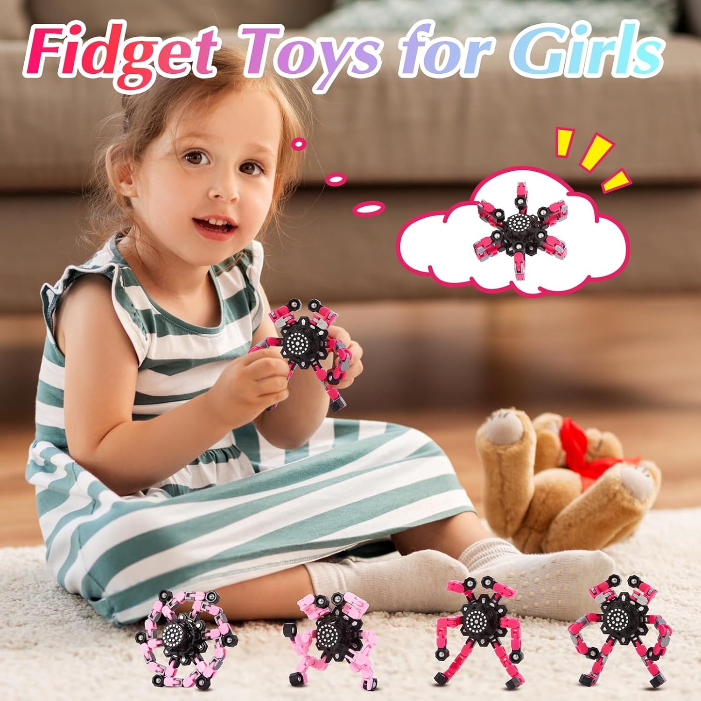 Fidget Toys for Girls, Birthday Gifts for 4 5 6 7 8 9 10 11 12 Year Old Girls Boys, Pink Transformable Fidget Spinners for Kids, Stocking Stuffers for Kids Adults Party Favors Toy