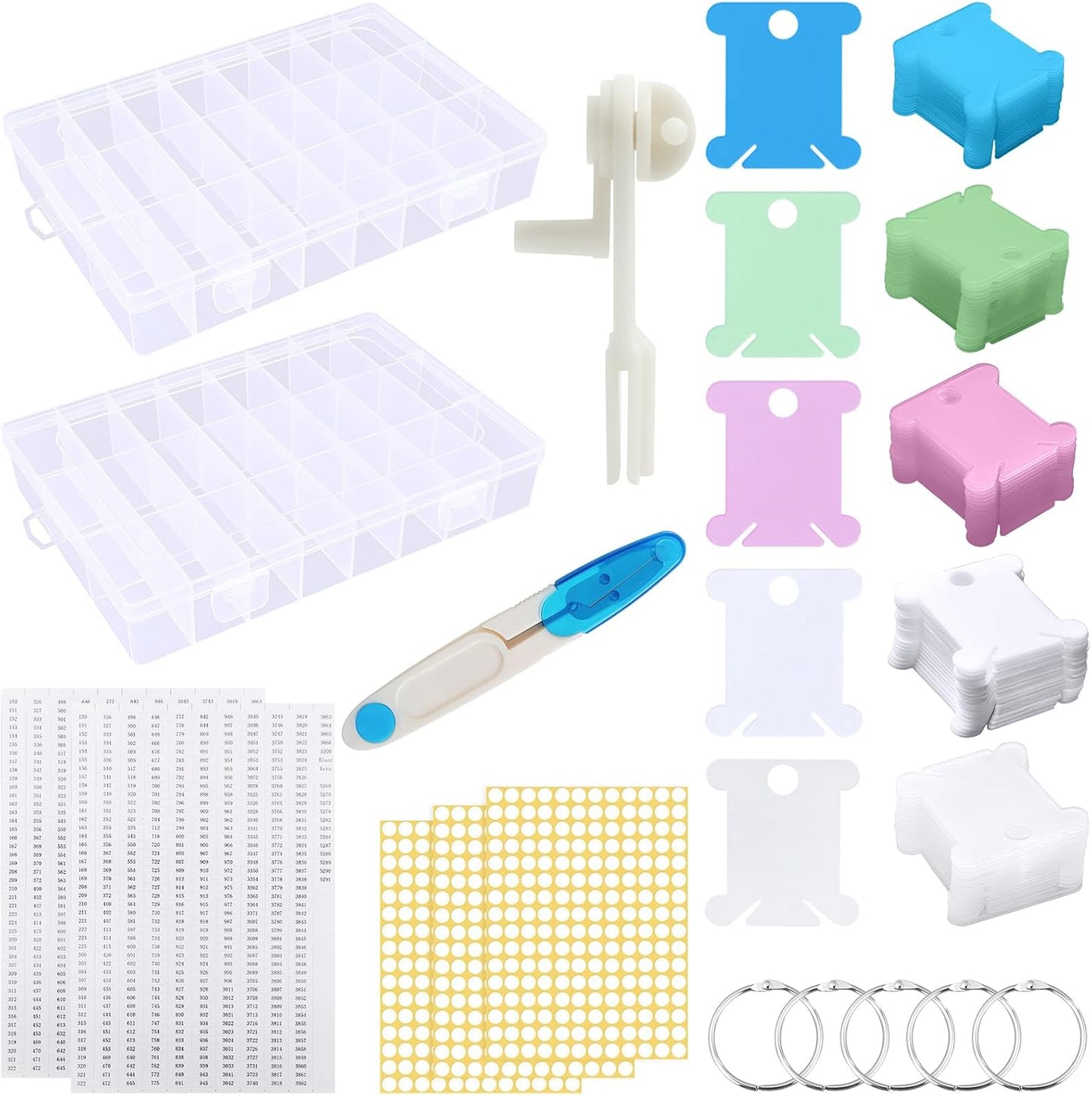 Yuahar 265Pcs Embroidery Floss Organizer Kit, 2 Removable 24-Grid Thread Storage Boxes with 250 Plastic Bobbins, 2 Bobbin Winders and Stickers for DIY Cross Stitch Needlework Thread Sewing