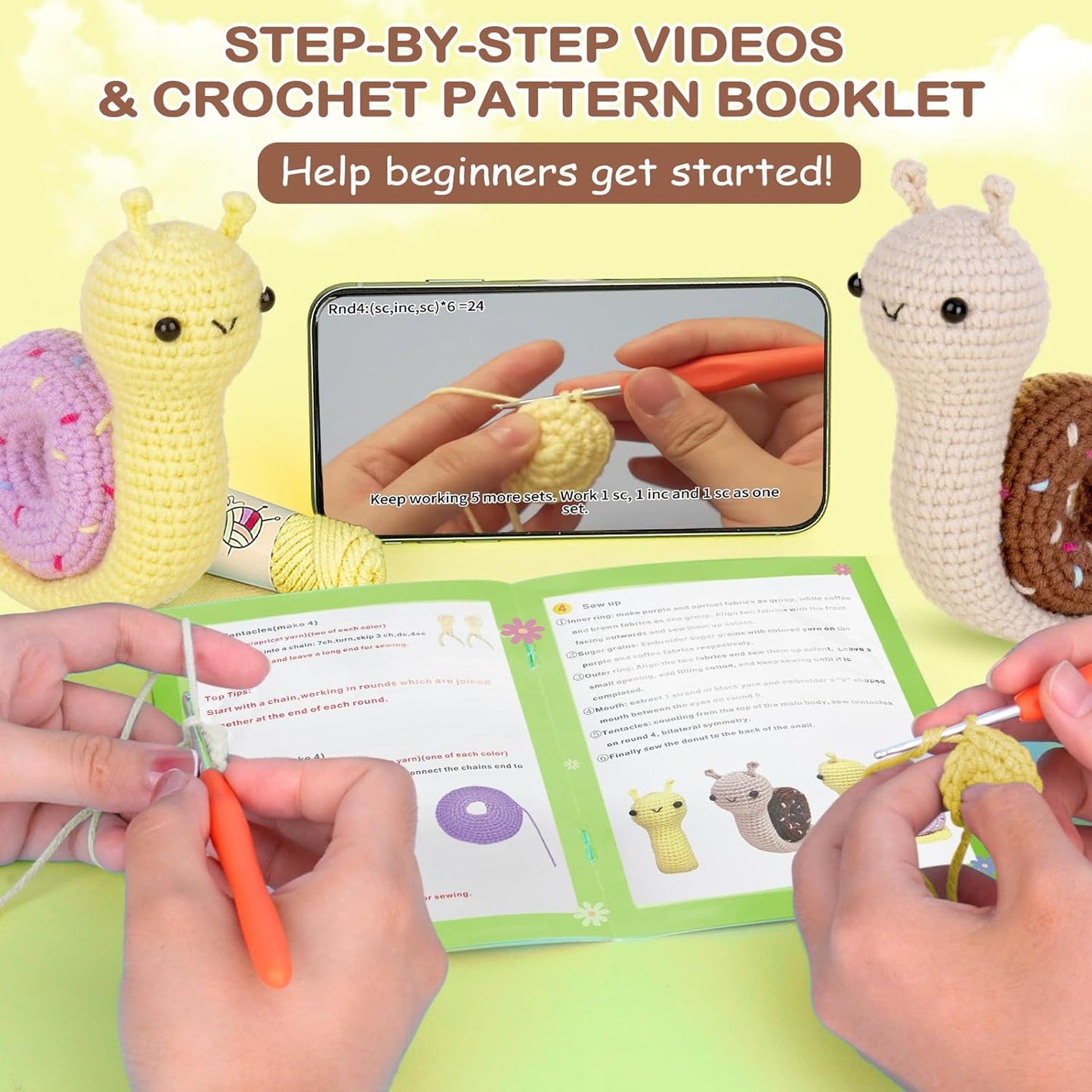 Crochetta Crochet Kit for Beginner, Crochet Starter Kit w Step-by-Step Video Tutorials, Learn to Crochet Kits for Adults & Kids, DIY Knitting Supplies, 2-Pack Snail Couple (40%+ Yarn Content)