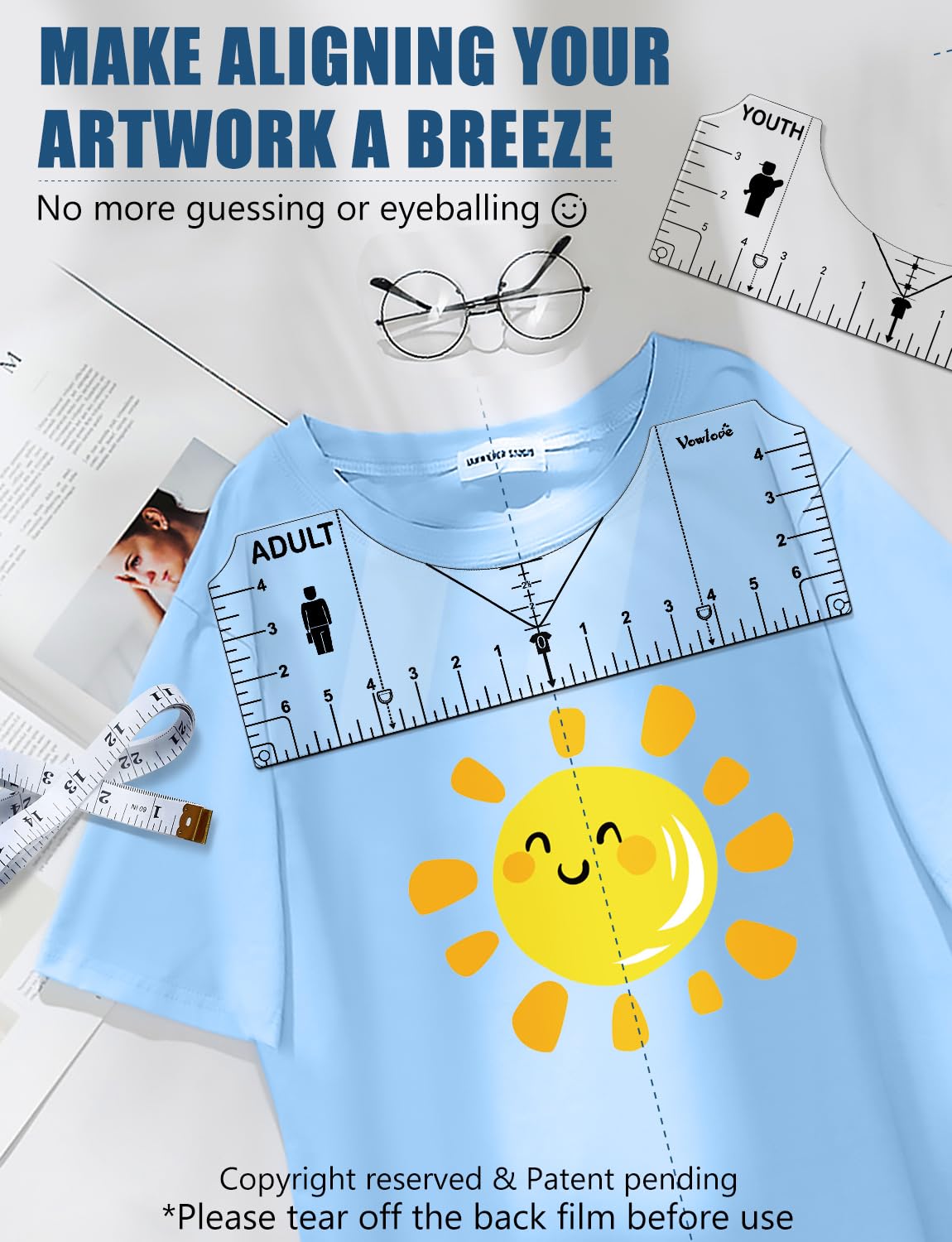 Vowlove Tshirt Ruler Guide for Cricut Heat Press, Shirt Measurement Tool Vinyl Alignment Placement Center Design DTF Template Left Pocket Logo, Sublimation Accessories Iron on HTV Heat Transfer Vinyl