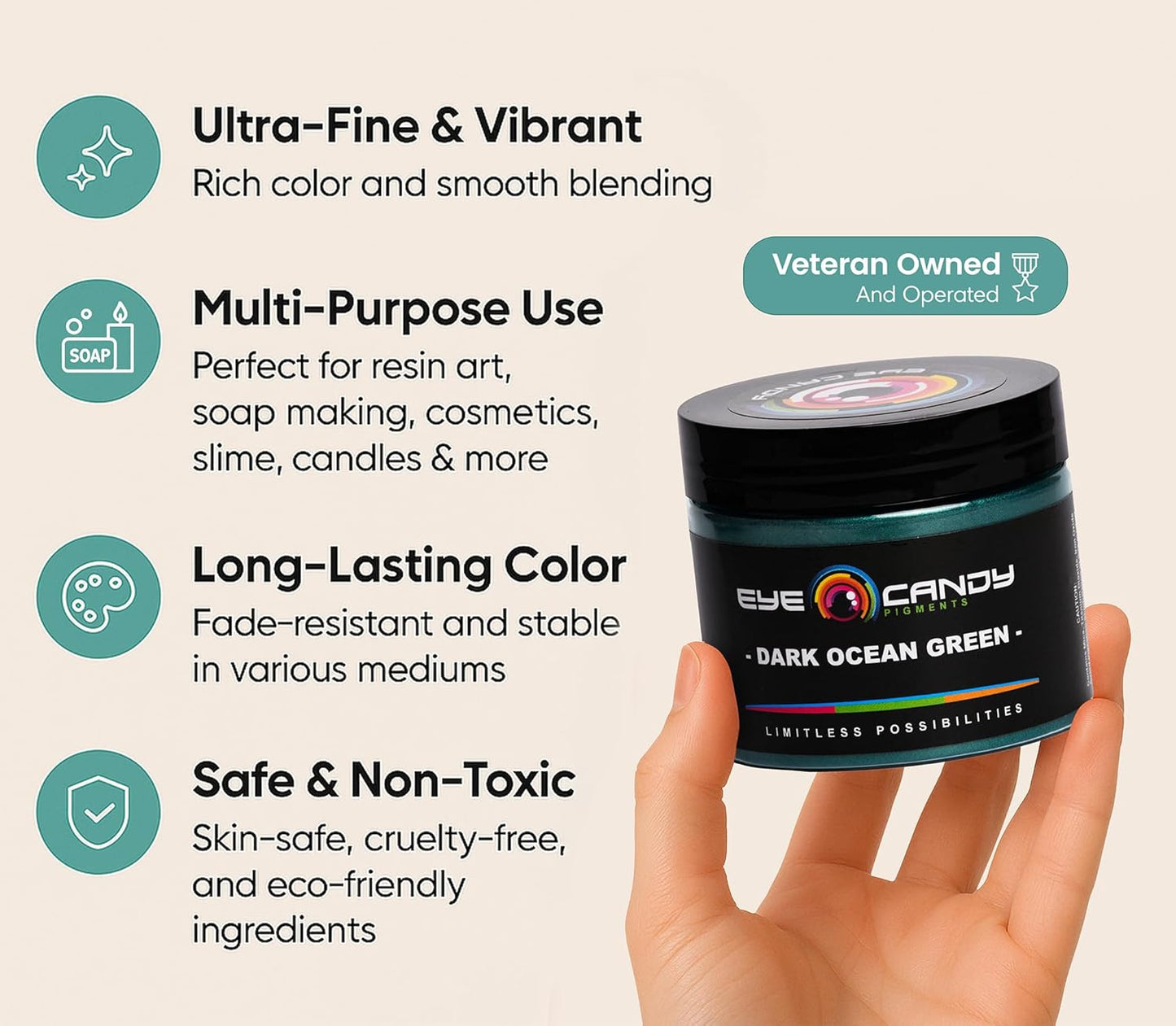 Eye Candy Pigments Premium Green Mica Powder - Dark Ocean Green (50gr) - for Epoxy, Resin, Soap, Paint, Woodworking, Acrylic Pouring, Bath Bombs, Fishing Lures - DIY Arts and Crafts Additive