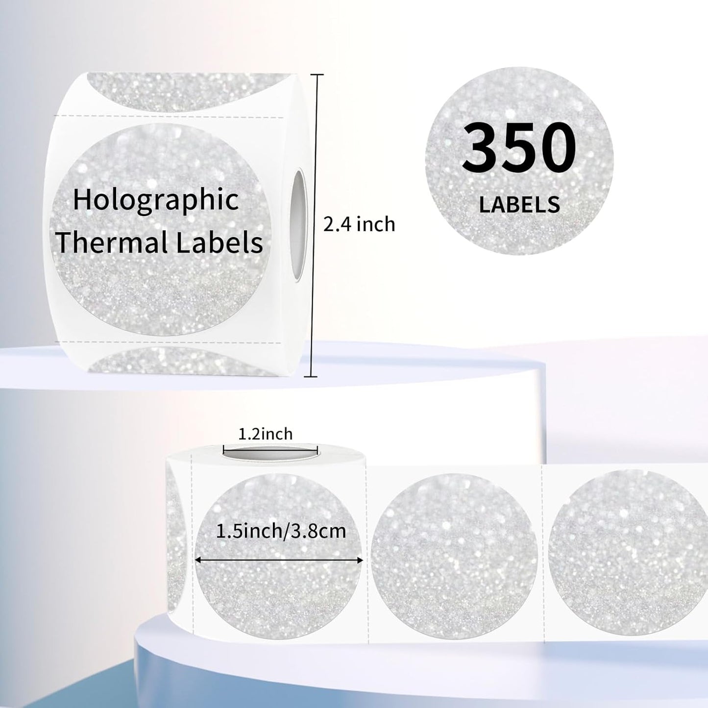 1.5" Holographic Direct Thermal Label Stickers, Round Printable Rainbow Glitter Thermal Printer Sticker Labels for Gift Wrapping, Self-Adhesive DIY Custom Logo Design- Glitter Silver