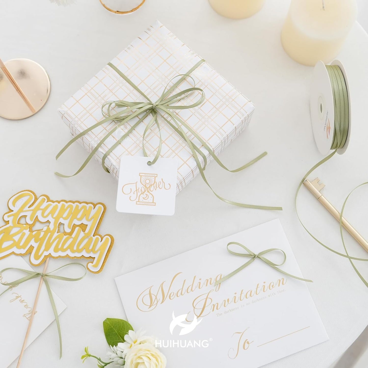 HUIHUANG Solid Color Satin Ribbon 1/8 inch x 100 Yards Roll Ribbon Double Faced for Crafts Gift Wrapping DIY Bows Invitation Card (Spring Green/Sage)