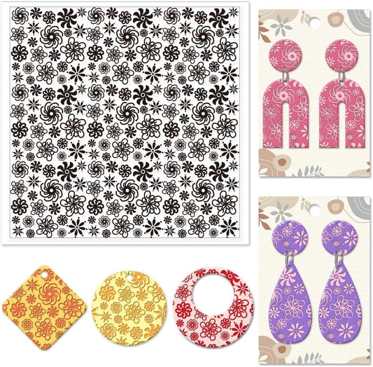 CHGCRAFT Plum Blossoms Polymer Clay Texture Sheets Art Rotation Flowers Silicone Texture Stamp Clay Texture Mat Modeling Pattern Pad Texture Sheets for Jewelry and Clay Earrings Tools