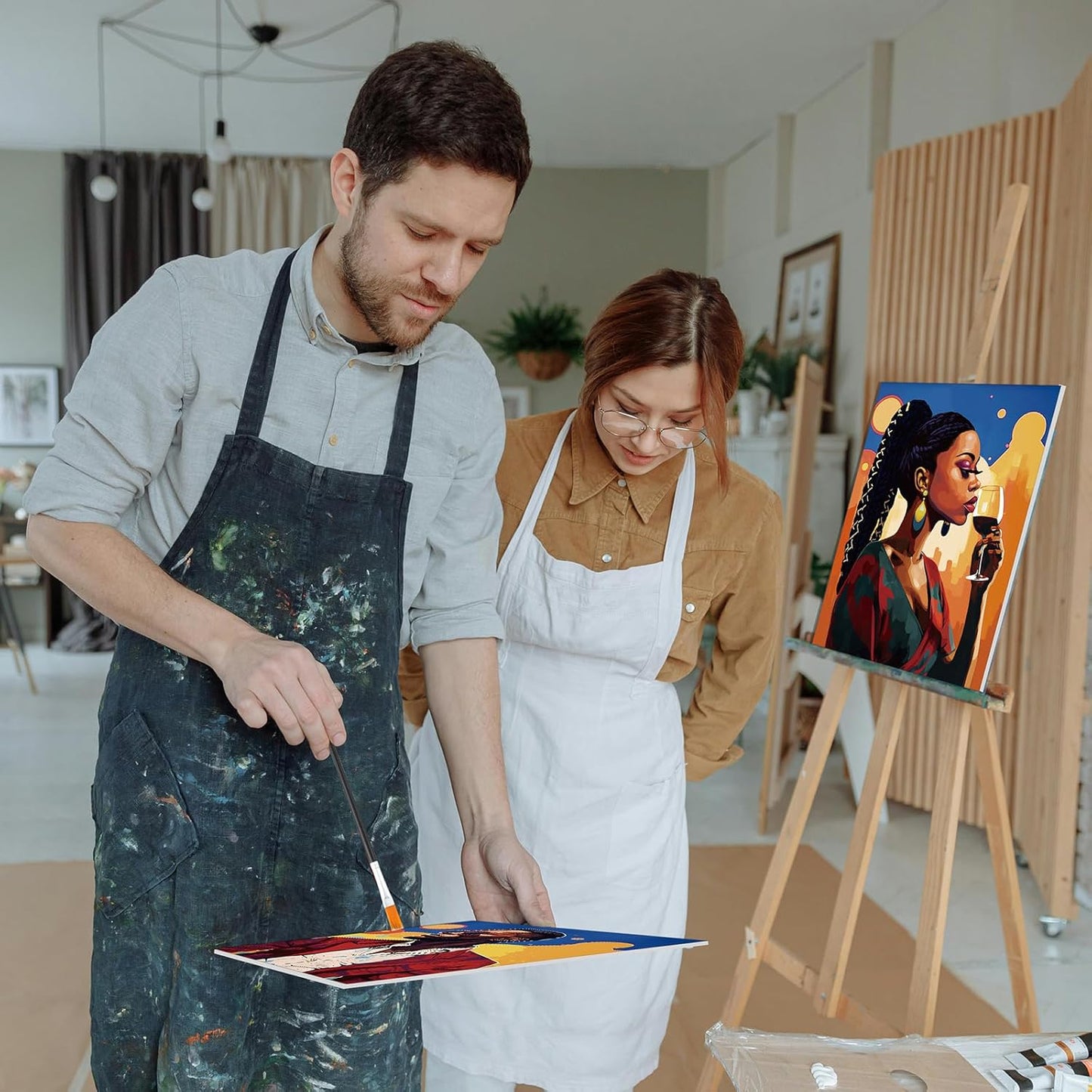 Cholemy 36 Pcs Paint and Sip Kit for Adults 8''x10'' Pre Drawn Canvas for Painting DIY Afro Acrylic Painting Kit Wood Easel Brushes Date Night Bulk for Christmas Party Gifts(Black Women)